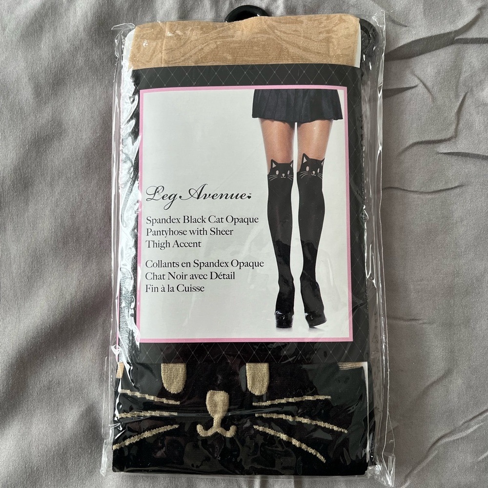 Leg Avenue Black Cat Opaque Pantyhose with Sheer Thigh Accent